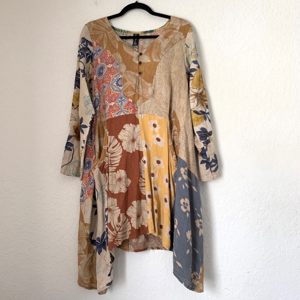 Sacred Threads Patchwork Tunic Women S/M Brown Floral Linen Boho Lagenlook Indie